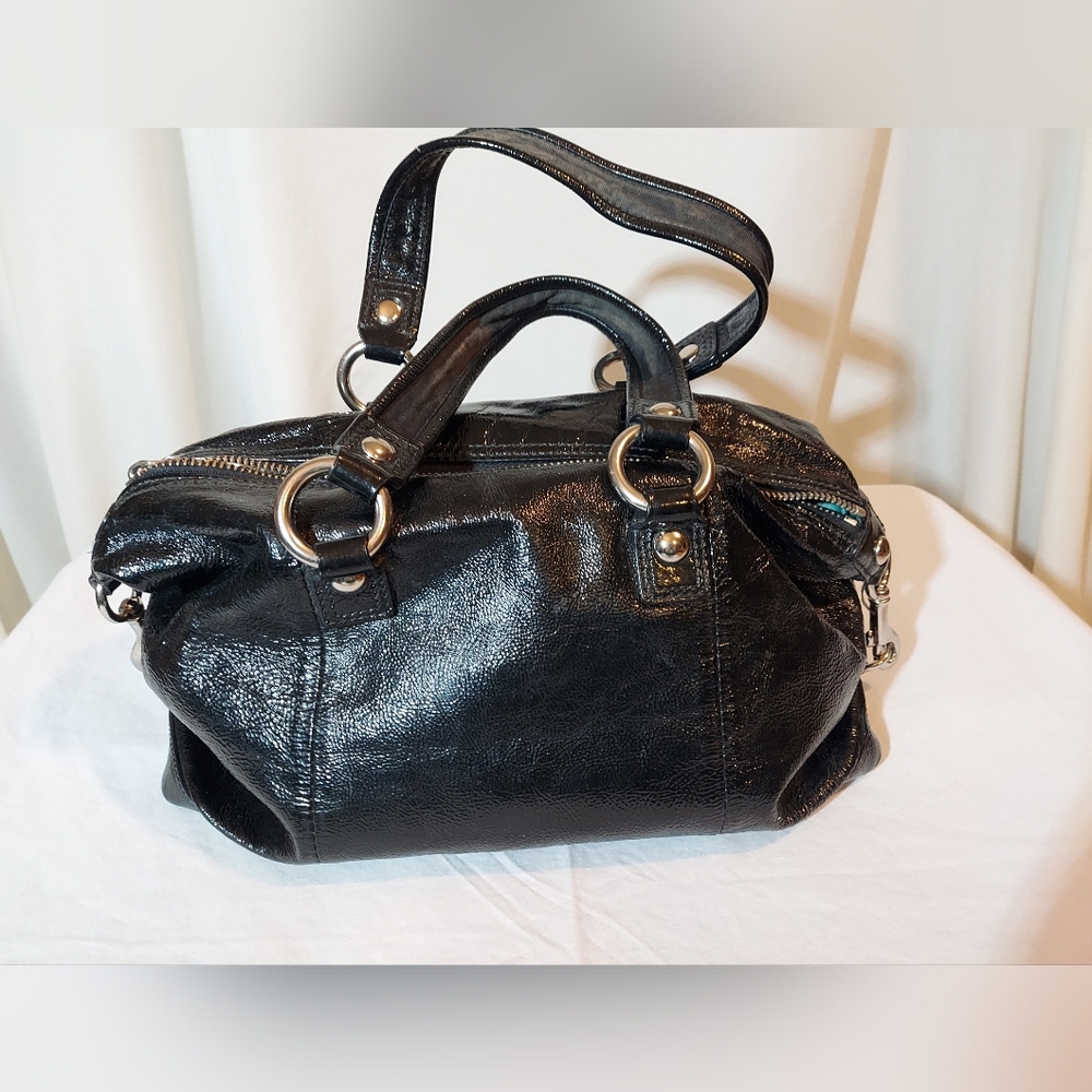 Coach Poppy Black Patent Leather Satchel With Silver Hardware And Teal Lining - Picture 2 of 12